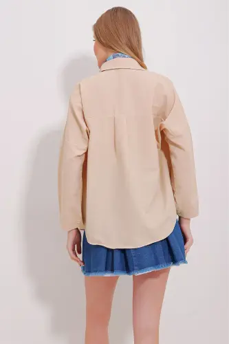 Women's Beige Cuffed Cotton Basic Shirt ALC-X11494 - 6