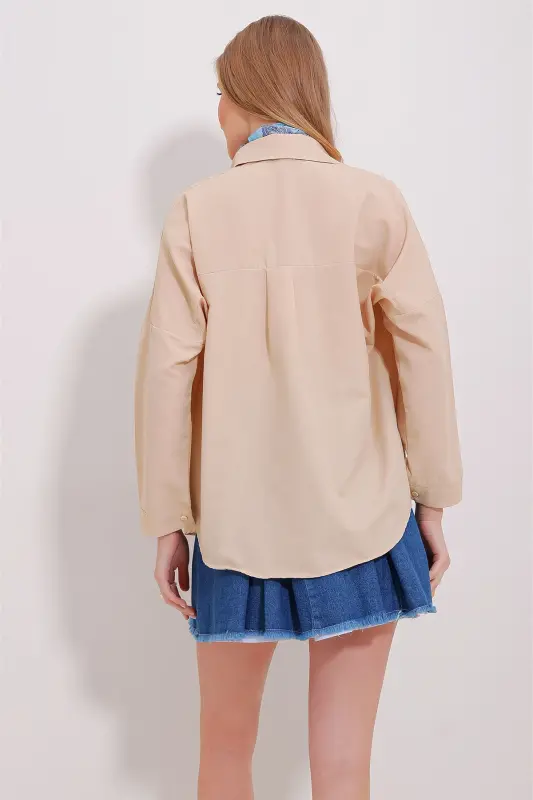 Women's Beige Cuffed Cotton Basic Shirt ALC-X11494 - 6