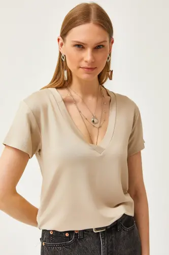 Women's Beige Deep V-Neck Modal Touch T-Shirt TSH-190 