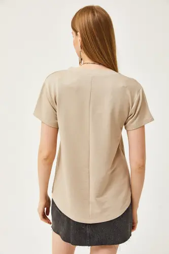 Women's Beige Deep V-Neck Modal Touch T-Shirt TSH-190 - 2