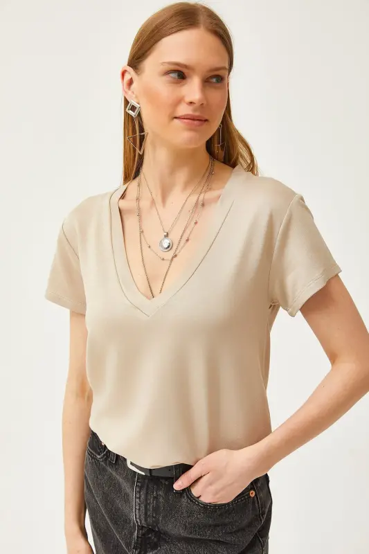 Women's Beige Deep V-Neck Modal Touch T-Shirt TSH-190 - 4