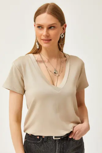 Women's Beige Deep V-Neck Modal Touch T-Shirt TSH-190 - 5