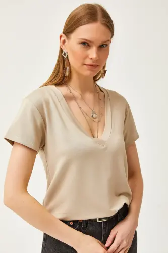 Women's Beige Deep V-Neck Modal Touch T-Shirt TSH-190 - 6
