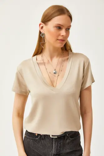 Women's Beige Deep V-Neck Modal Touch T-Shirt TSH-190 - 7