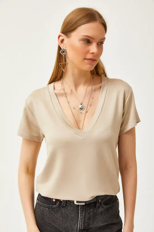 Women's Beige Deep V-Neck Modal Touch T-Shirt TSH-190 - 7