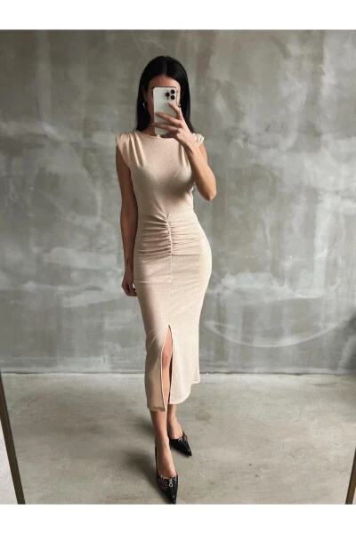 Women's Beige Draped Ruched Sequin Gown with Front Slit - BYMAESTRO WOMAN