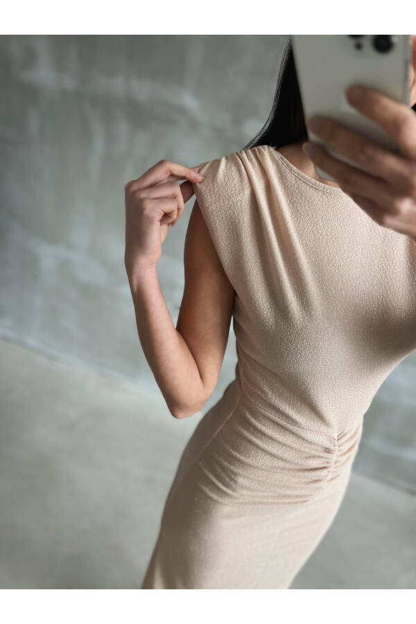 Women's Beige Draped Ruched Sequin Gown with Front Slit - 5
