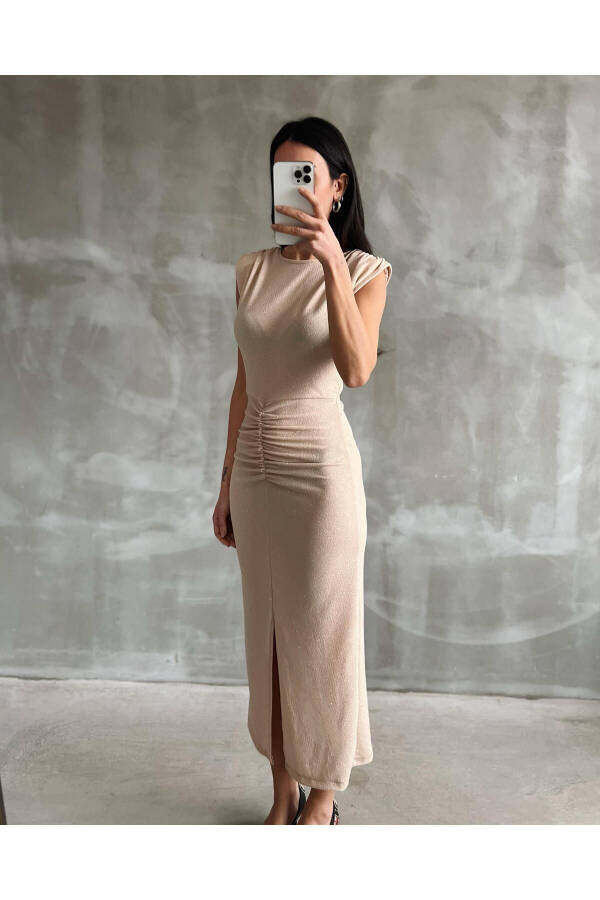 Women's Beige Draped Ruched Sequin Gown with Front Slit - 6