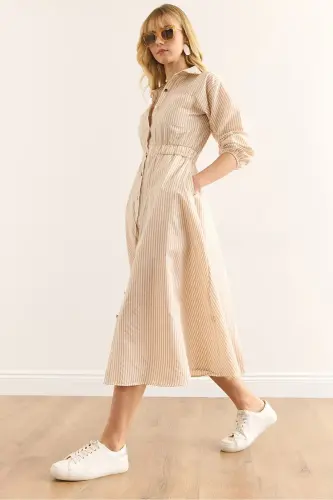 Women's Beige Elastic Waist Pocketed Maxi Shirt Dress 