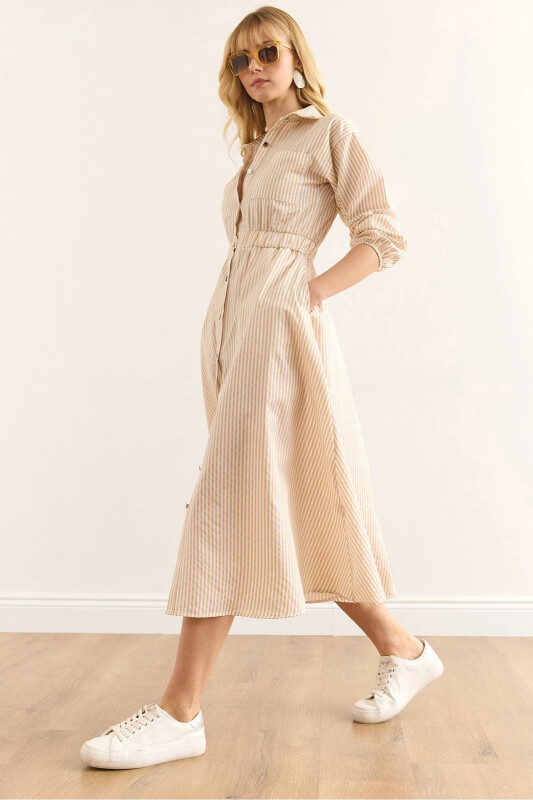 Women's Beige Elastic Waist Pocketed Maxi Shirt Dress - OLALOOK