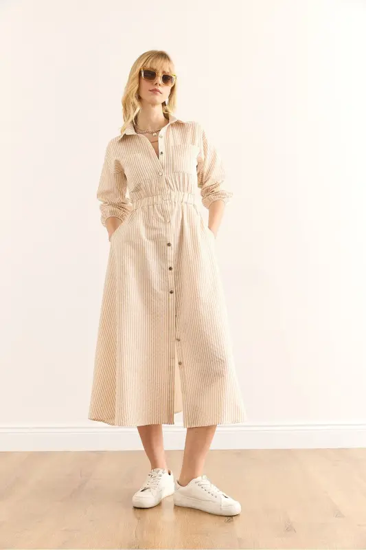 Women's Beige Elastic Waist Pocketed Maxi Shirt Dress - 2