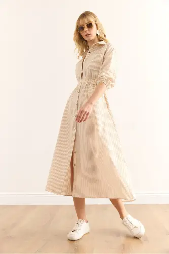 Women's Beige Elastic Waist Pocketed Maxi Shirt Dress - 3