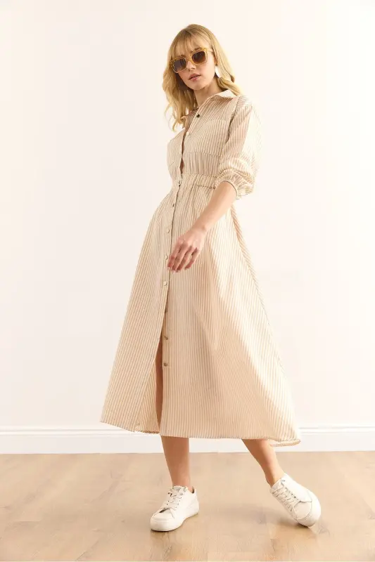 Women's Beige Elastic Waist Pocketed Maxi Shirt Dress - 3