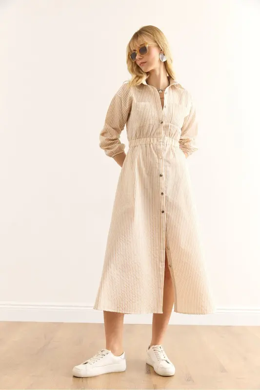 Women's Beige Elastic Waist Pocketed Maxi Shirt Dress - 4