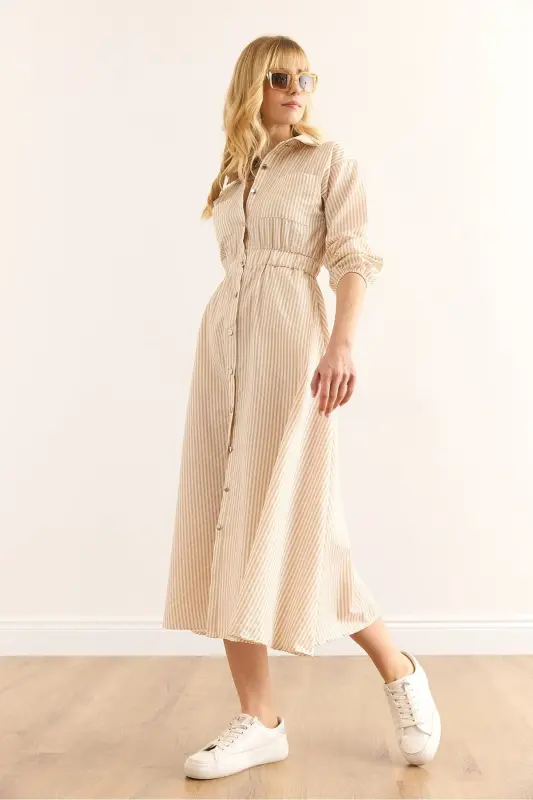 Women's Beige Elastic Waist Pocketed Maxi Shirt Dress - 5