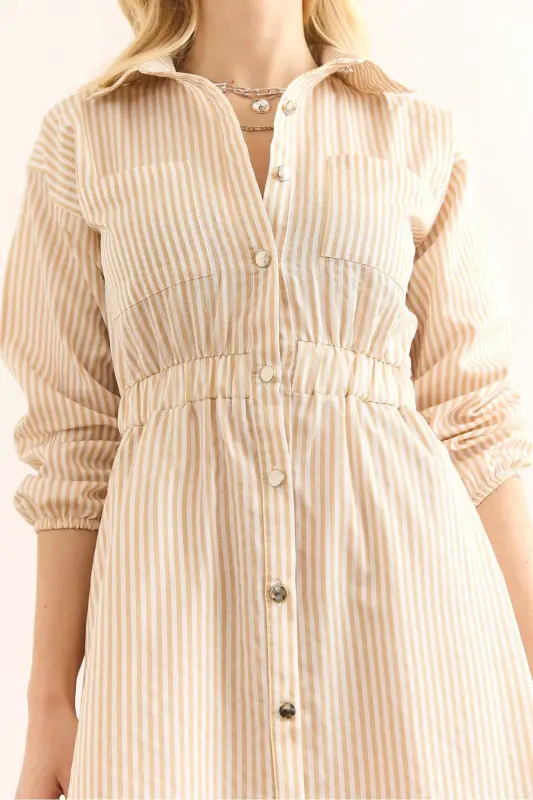 Women's Beige Elastic Waist Pocketed Maxi Shirt Dress - 6