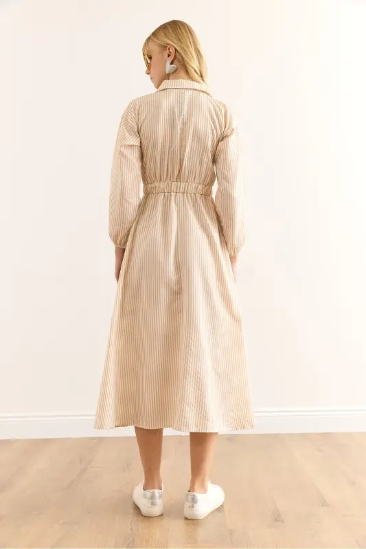 Women's Beige Elastic Waist Pocketed Maxi Shirt Dress - 7