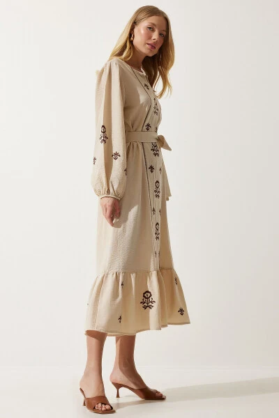 Women's Beige Embroidered Linen Surface Long Woven Dress RG00017 - 2