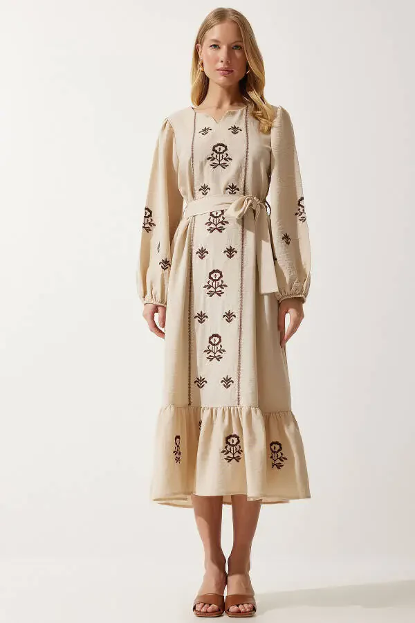 Women's Beige Embroidered Linen Surface Long Woven Dress RG00017 - 7