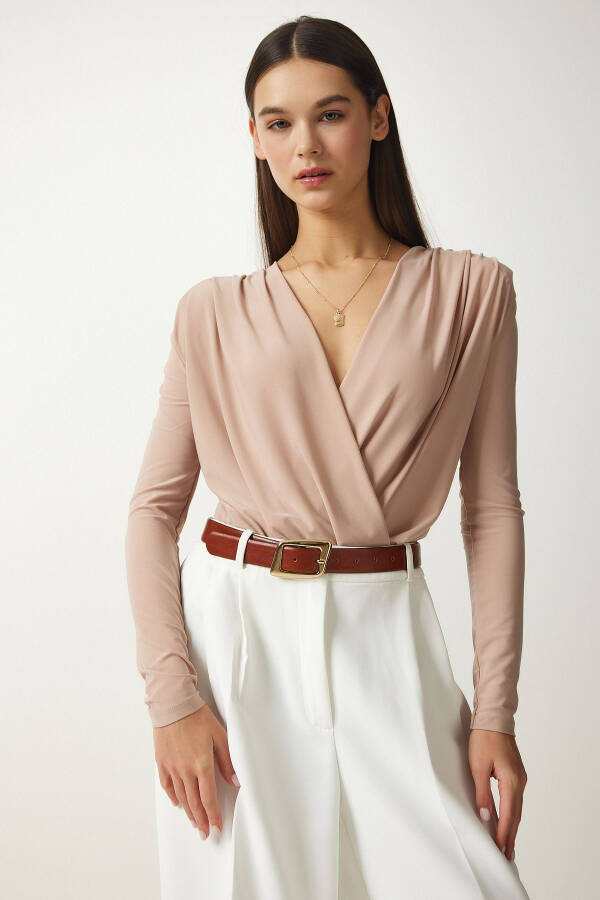 Women's Beige Envelope Neck Snap Button Knit Blouse FF00147 - 2