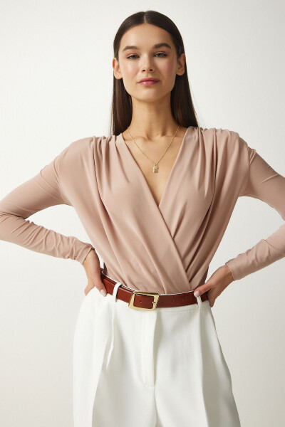 Women's Beige Envelope Neck Snap Button Knit Blouse FF00147 - 3
