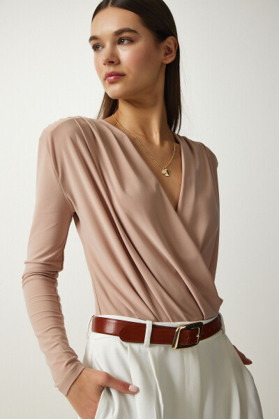 Women's Beige Envelope Neck Snap Button Knit Blouse FF00147 - 4