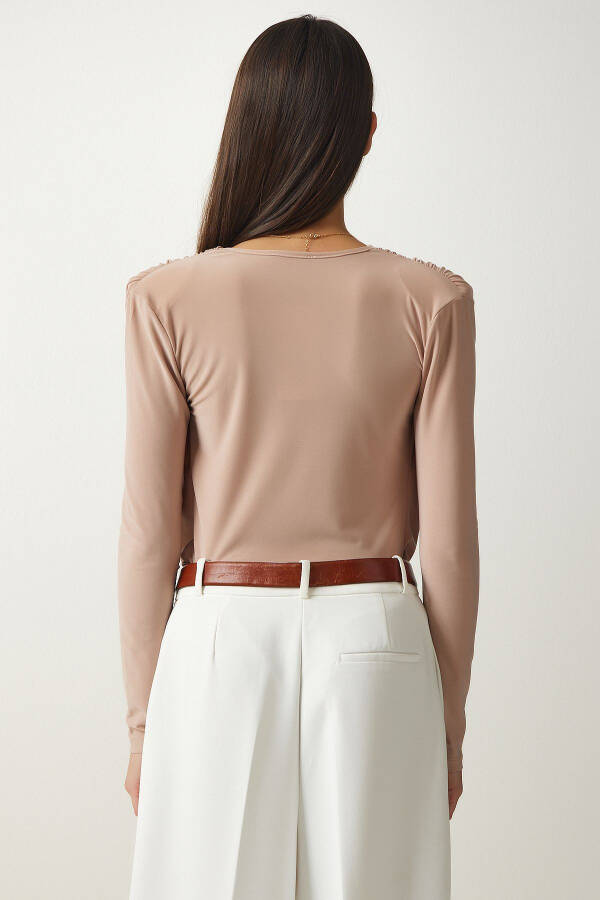 Women's Beige Envelope Neck Snap Button Knit Blouse FF00147 - 7