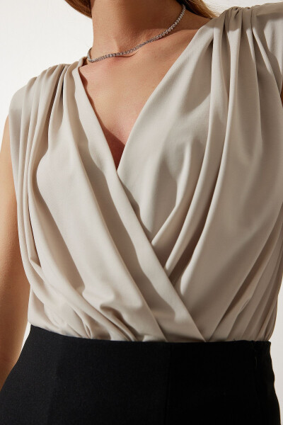 Women's Beige Envelope Neckline Cable Knit Button Blouse ZH00014 - 3