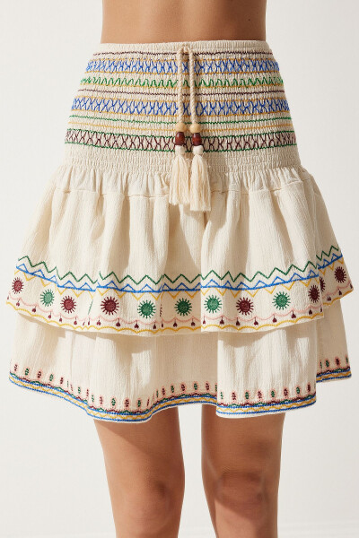 Women's Beige Ethnic Patterned Raw Linen Skirt RG00014 - 5