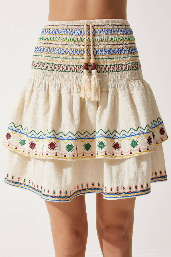 Women's Beige Ethnic Patterned Raw Linen Skirt RG00014 - 5