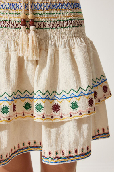 Women's Beige Ethnic Patterned Raw Linen Skirt RG00014 - 6