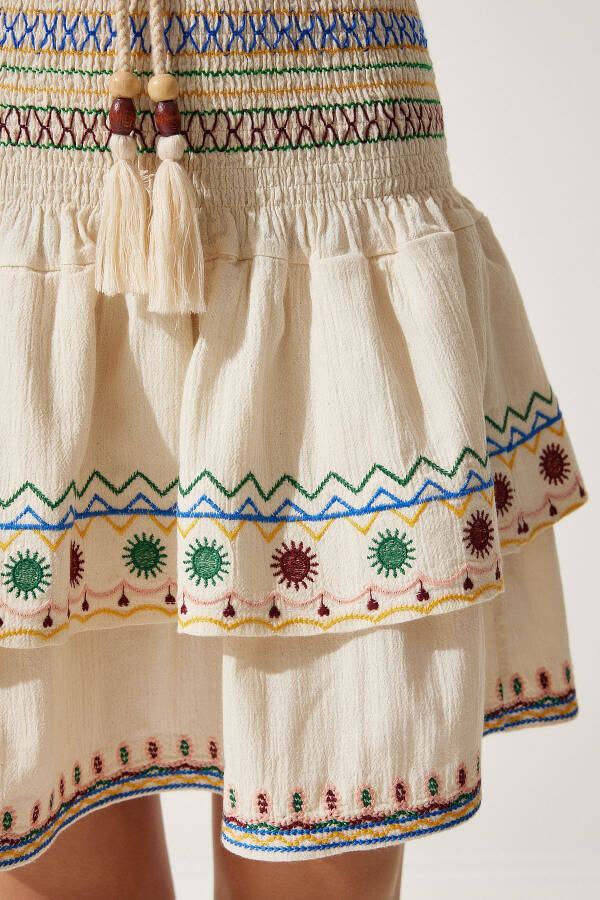 Women's Beige Ethnic Patterned Raw Linen Skirt RG00014 - 6