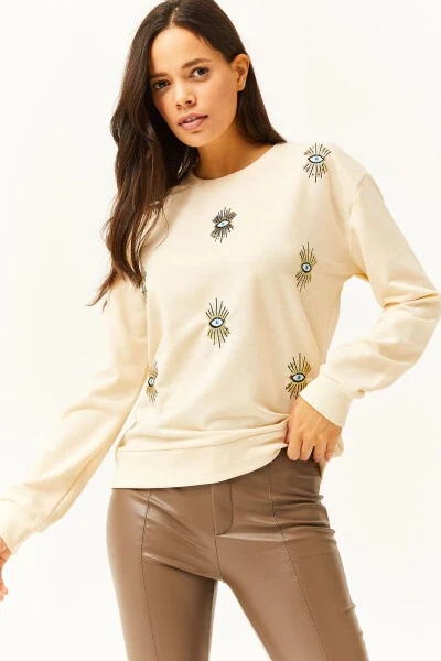 Women's Beige Eye Embroidered Season Sweatshirt SWT-19000598 - OLALOOK