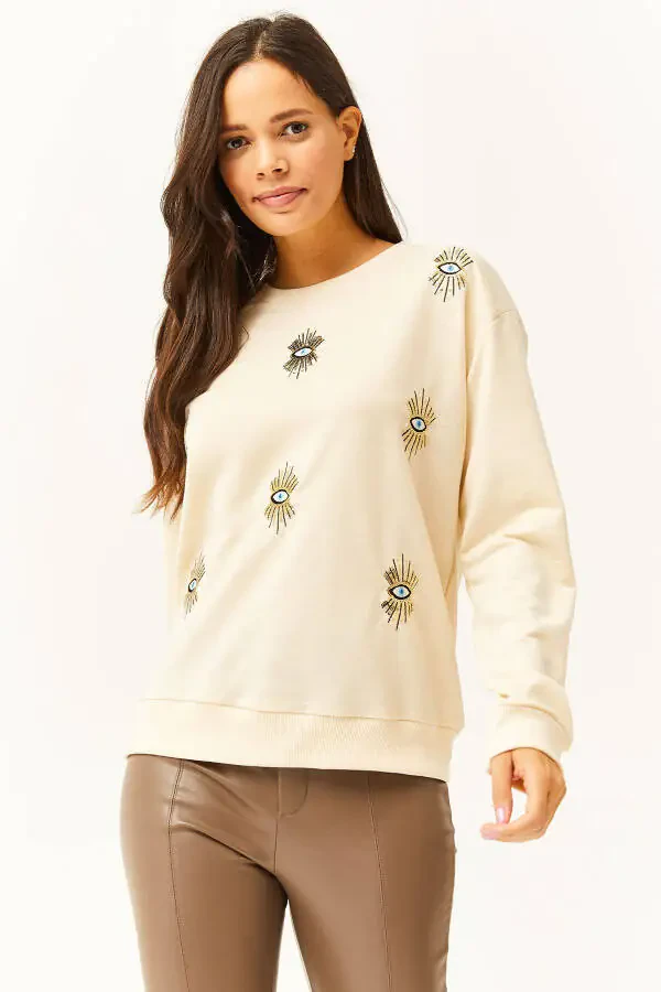 Women's Beige Eye Embroidered Season Sweatshirt SWT-19000598 - 2