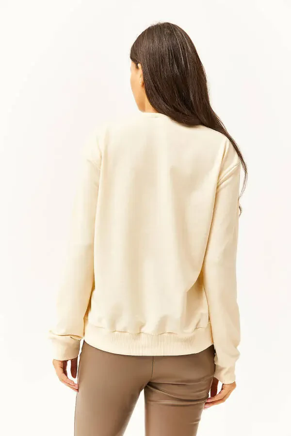 Women's Beige Eye Embroidered Season Sweatshirt SWT-19000598 - 6