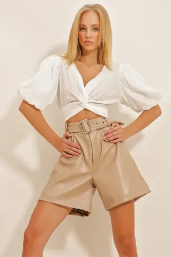 Women's Beige Faux Leather Shorts with Belt and Double Pockets ALC-X10853 - 4