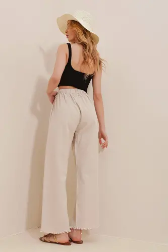 Women's Beige Fringed High Waist Palazzo Jeans - 7