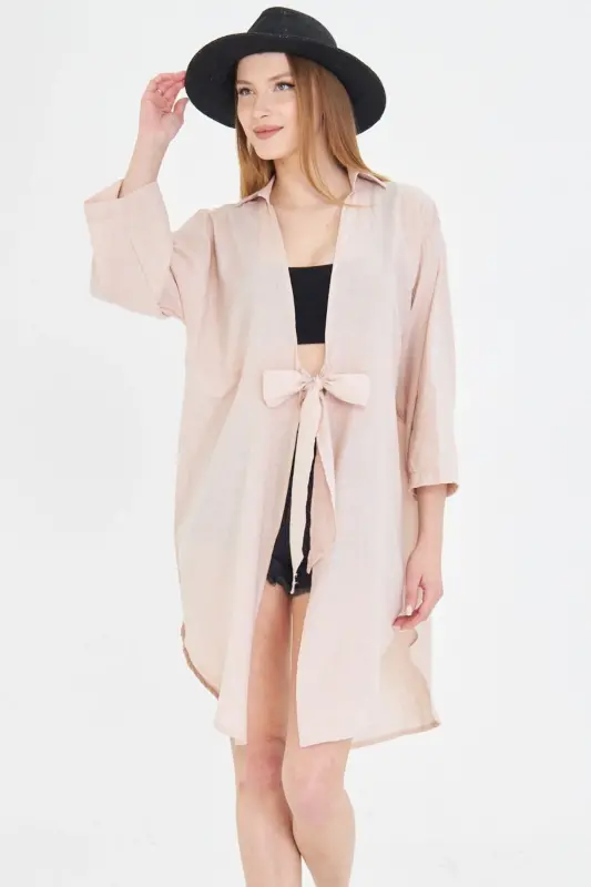 Women's Beige Front Tie Midi Linen Dress - 1