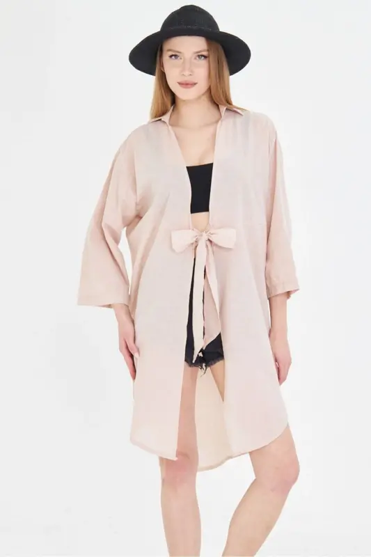 Women's Beige Front Tie Midi Linen Dress - 4