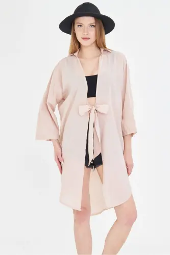 Women's Beige Front Tie Midi Linen Dress - 5