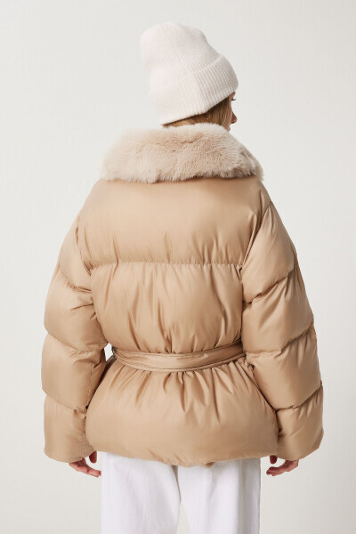 Women's Beige Fur Collar Puffer Jacket AW00011 - 9