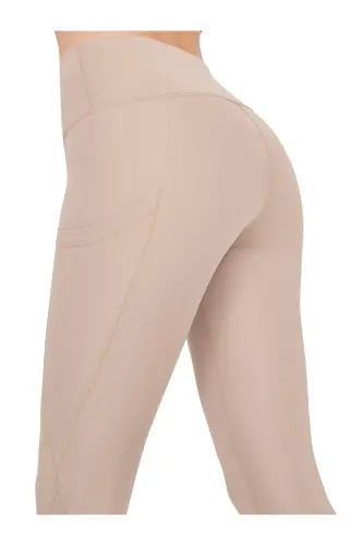 Women's Beige High Waist Double Pocket Shaping Sports Leggings - 4