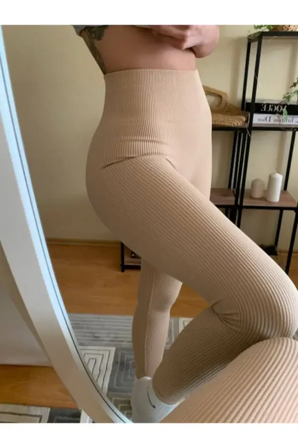 Women's Beige High Waist Seamless Ribbed Leggings - 2