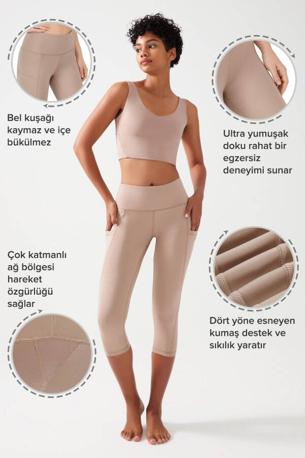 Women's Beige High Waist Shaping Double Pocket Capri Leggings - 3