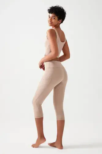 Women's Beige High Waist Shaping Double Pocket Capri Leggings - 5