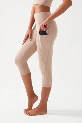 Women's Beige High Waist Shaping Double Pocket Capri Leggings - 6