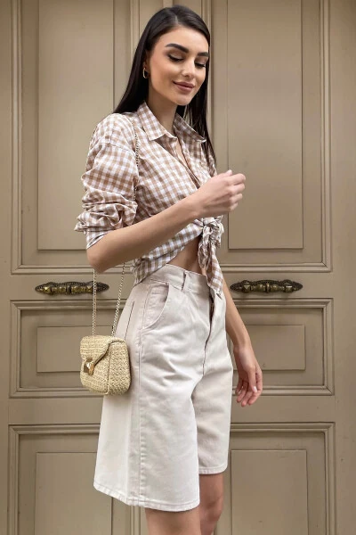 Women's Beige High Waist Wide Leg Bermuda Denim Shorts ALC-X8174 - 3