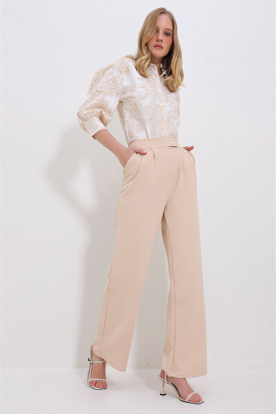 Women's Beige High Waisted Double Pocket Pleated Snap Closure Palazzo Pants ALC-X10753 - 1