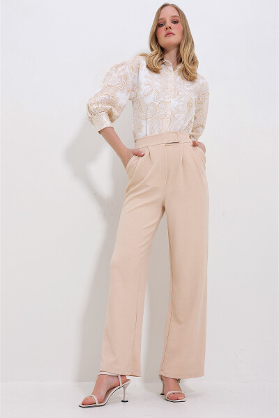 Women's Beige High Waisted Double Pocket Pleated Snap Closure Palazzo Pants ALC-X10753 - 2