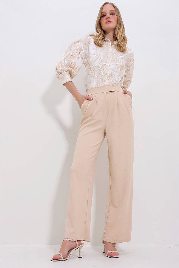 Women's Beige High Waisted Double Pocket Pleated Snap Closure Palazzo Pants ALC-X10753 - 2